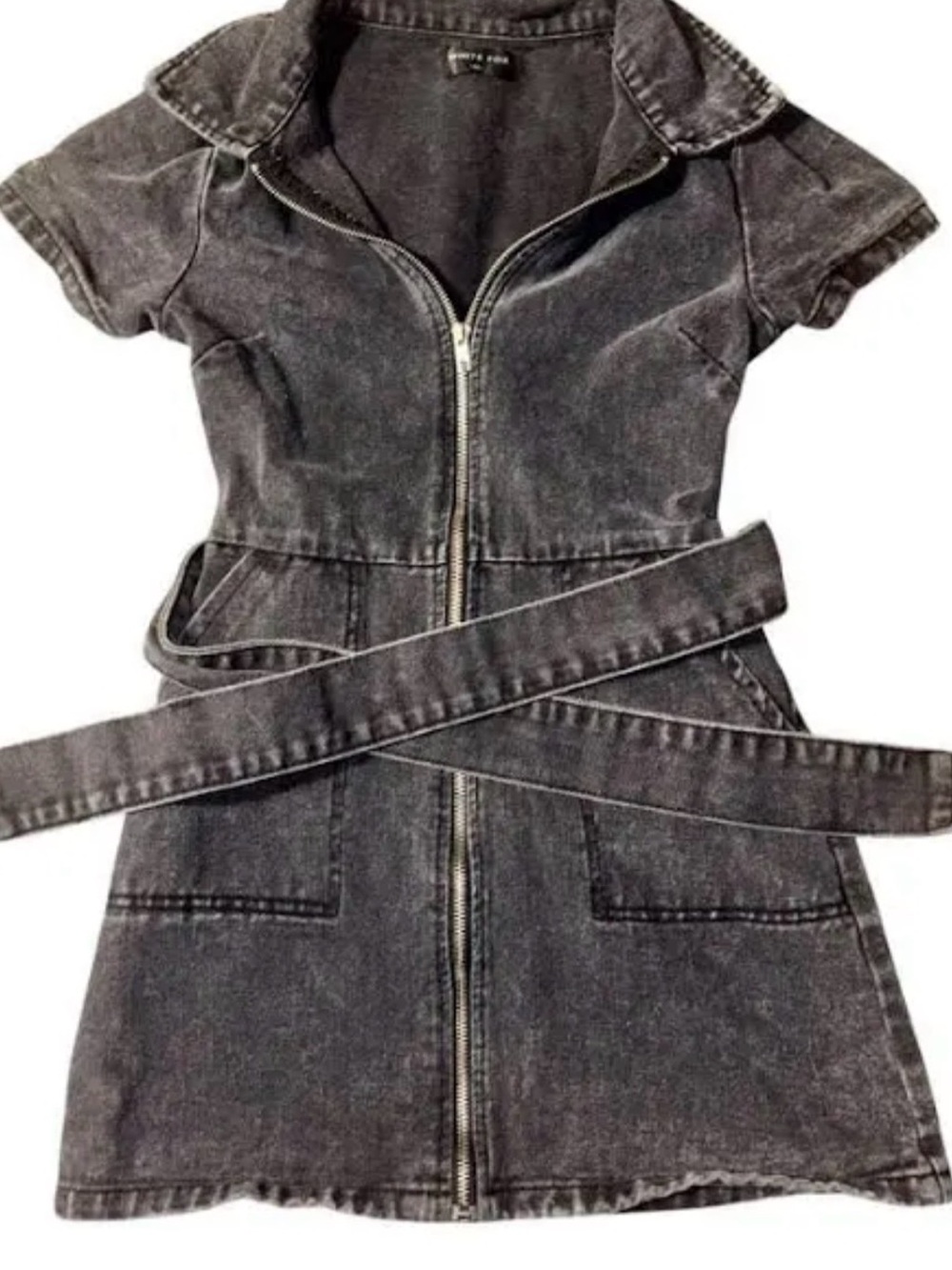 Black Washed Denim Zip Front Mini Dress with Belt white Fox